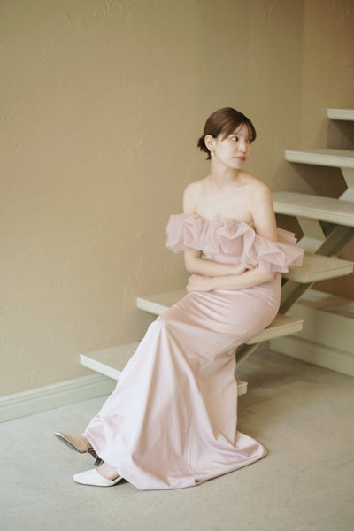 チュールショルダー ソフトマーメイドドレス ダスティピンク(W341DP)