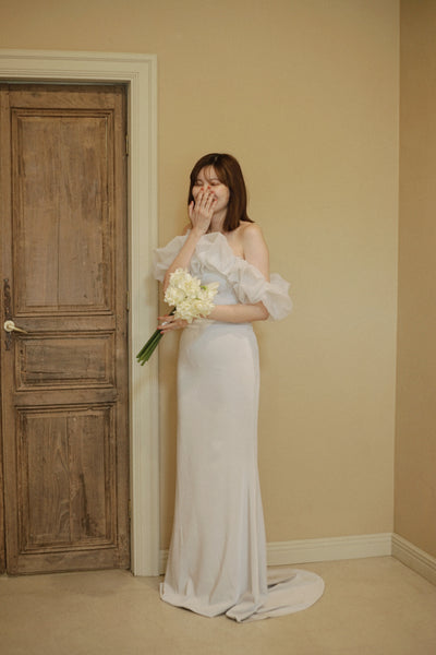 チュールショルダー ソフトマーメイドドレス ブルーグレー(W341BG)