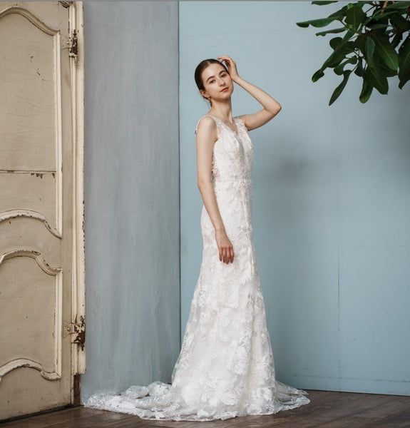 刺繍 総レース バックV ソフトマーメイドドレス(W255)