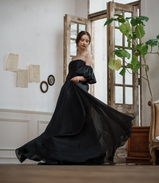 オーガンジーサテン パフスリーブドレス ブラック(W260BK)