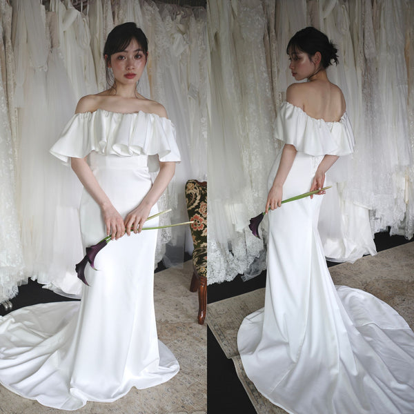 オフショルダー フリル ソフトマーメイドドレス ホワイト(W300WH)