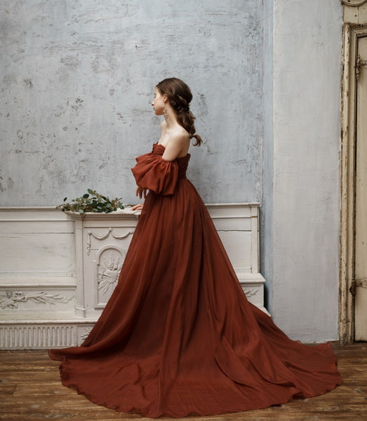 オーガンジーサテン パフスリーブドレス ボルドー(W260BO)