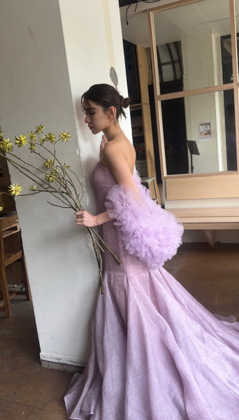 フリルスリーブ ベアトップ ソフトマーメイドドレス(W361)