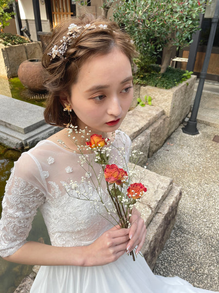 ボートネック 刺繍レース 袖付きドレス(W50)