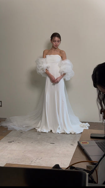 3way パフスリーブ バックトレーン ベアトップドレス(W282)