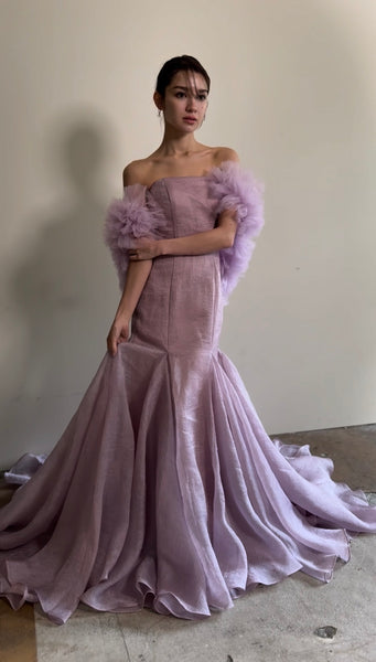 フリルスリーブ ベアトップ ソフトマーメイドドレス(W361)