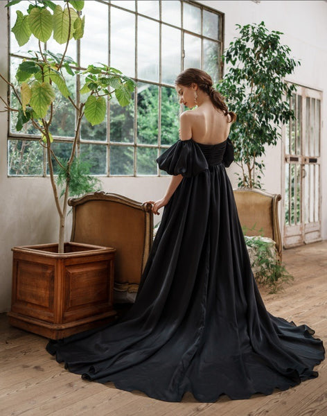 オーガンジーサテン パフスリーブドレス ブラック(W260BK)