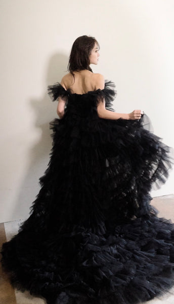 オフショルダー フリル ブラック ミニドレス(W362)