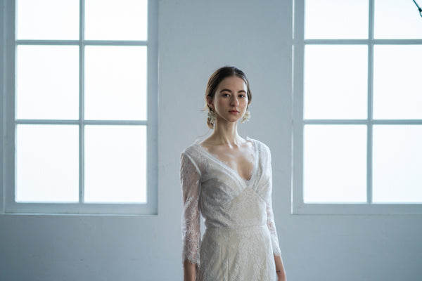 総レース Vネック 七分袖ドレス(W135)