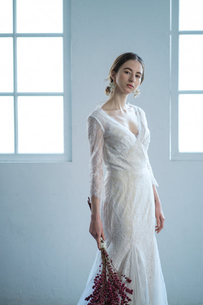 総レース Vネック 七分袖ドレス(W135)