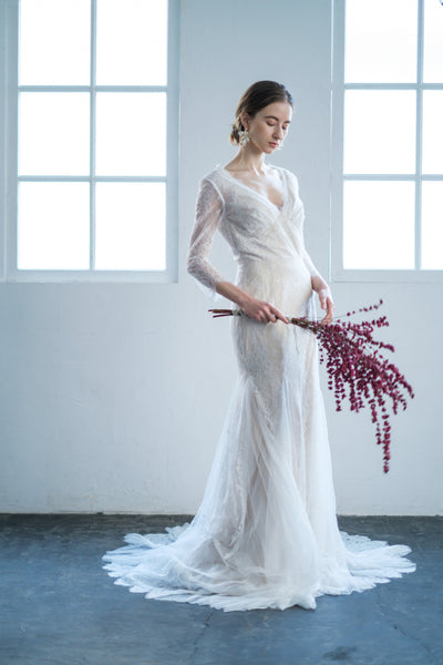 総レース Vネック 七分袖ドレス(W135)