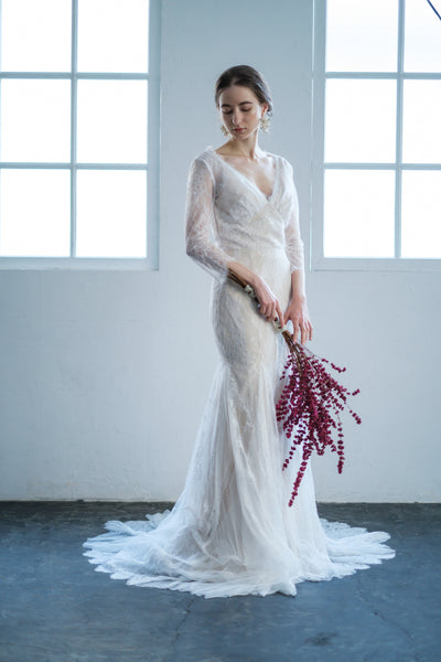 総レース Vネック 七分袖ドレス(W135)