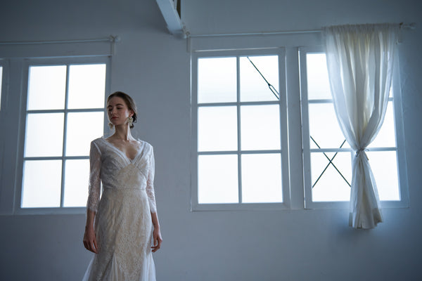 総レース Vネック 七分袖ドレス(W135)