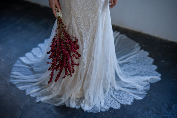 総レース Vネック 七分袖ドレス(W135)