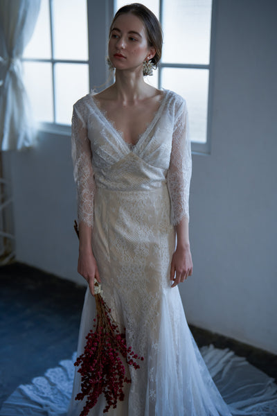 総レース Vネック 七分袖ドレス(W135)