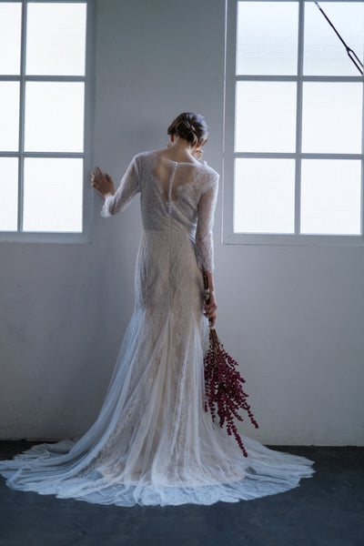 総レース Vネック 七分袖ドレス(W135)