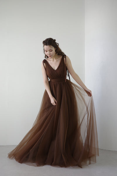 リボンショルダー Vネック ブラウン チュールドレス(W271)
