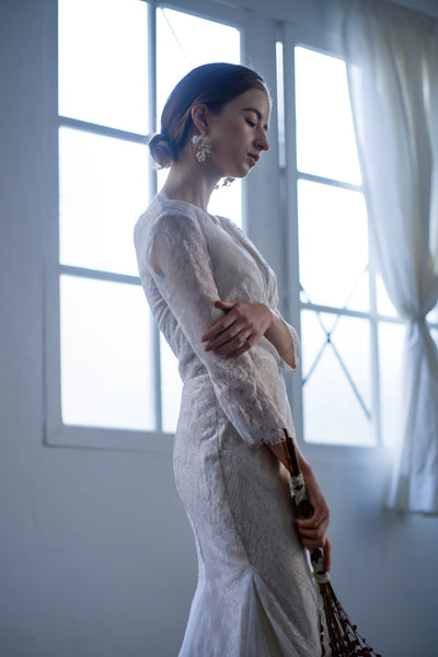 総レース Vネック 七分袖ドレス(W135)