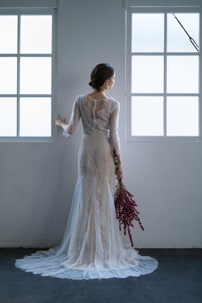 総レース Vネック 七分袖ドレス(W135)