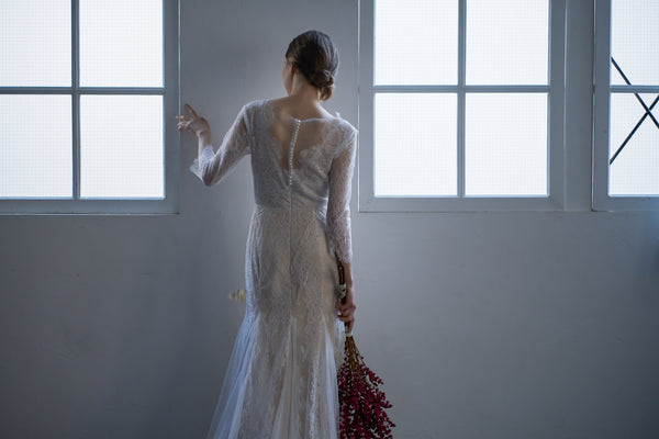 総レース Vネック 七分袖ドレス(W135)