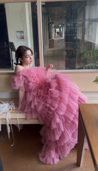 オフショルダー チュール ティアードドレス(W358)