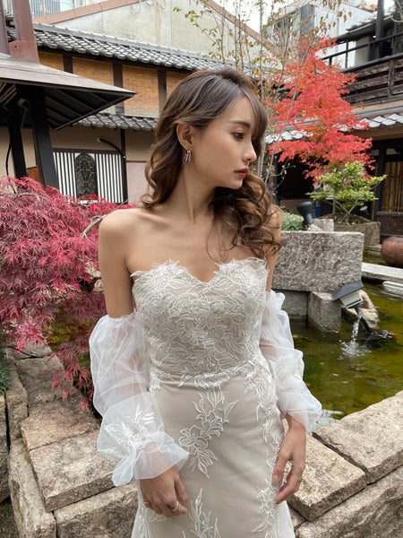 ボリューム袖 ベアトップ 総レースドレス(W251)