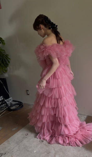 オフショルダー チュール ティアードドレス(W358)