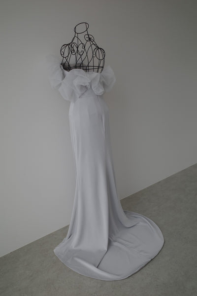 チュールショルダー ソフトマーメイドドレス ブルーグレー(W341BG)