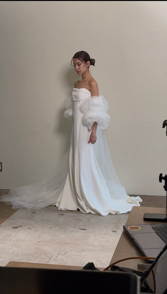 3way パフスリーブ バックトレーン ベアトップドレス(W282)