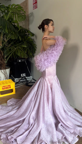 フリルスリーブ ベアトップ ソフトマーメイドドレス(W361)