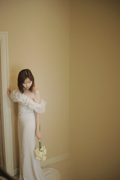 チュールショルダー ソフトマーメイドドレス ブルーグレー(W341BG)