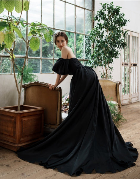 オーガンジーサテン パフスリーブドレス ブラック(W260BK)