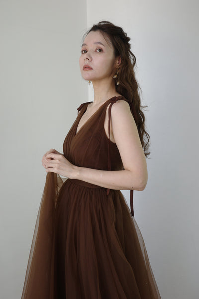 リボンショルダー Vネック ブラウン チュールドレス(W271)