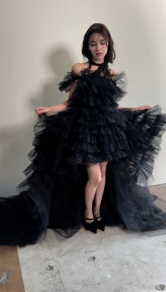 オフショルダー フリル ブラック ミニドレス(W362)