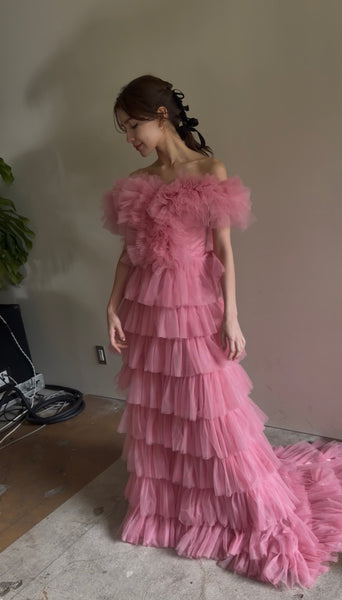 オフショルダー チュール ティアードドレス(W358)