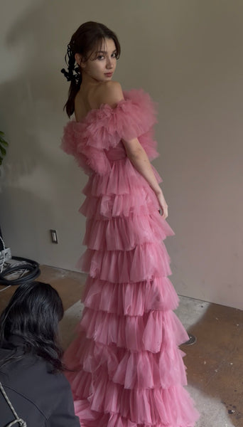 オフショルダー チュール ティアードドレス(W358)