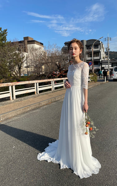 ボートネック 刺繍レース 袖付きドレス(W50)