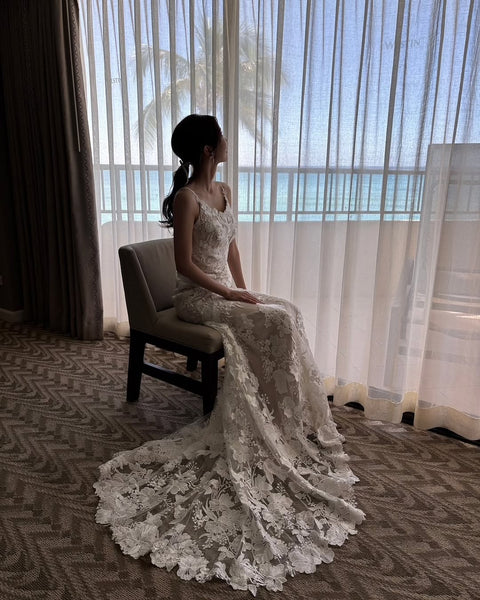 刺繍 総レース ソフトマーメイドドレス(W371)