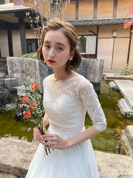 ボートネック 刺繍レース 袖付きドレス(W50)