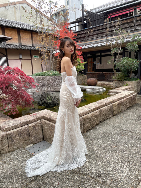 ボリューム袖 ベアトップ 総レースドレス(W251)