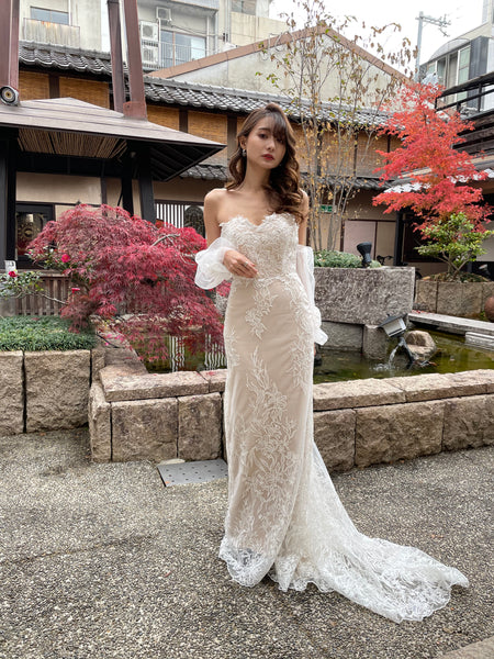 ボリューム袖 ベアトップ 総レースドレス(W251)