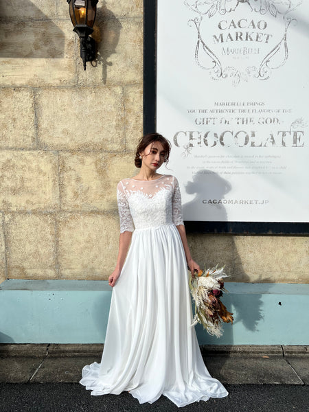 ボートネック 刺繍レース 袖付きドレス(W50)