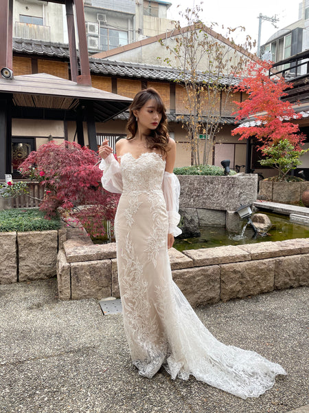 ボリューム袖 ベアトップ 総レースドレス(W251)