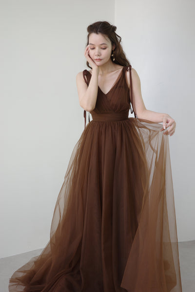 リボンショルダー Vネック ブラウン チュールドレス(W271)