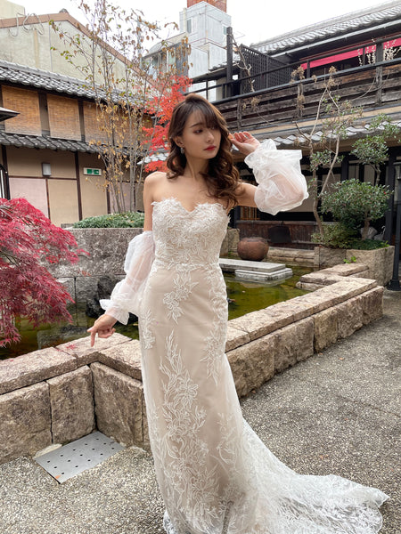 ボリューム袖 ベアトップ 総レースドレス(W251)