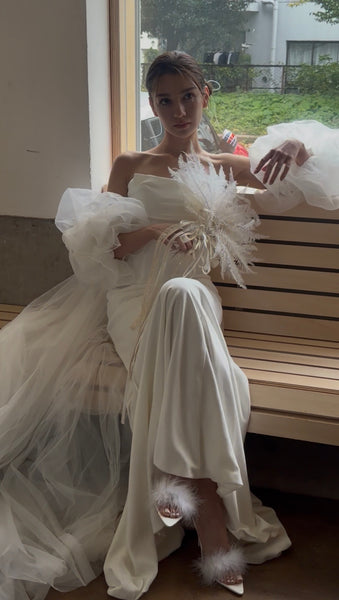 3way パフスリーブ バックトレーン ベアトップドレス(W282)