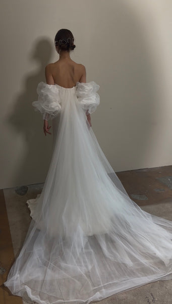 3way パフスリーブ バックトレーン ベアトップドレス(W282)