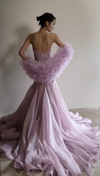 フリルスリーブ ベアトップ ソフトマーメイドドレス(W361)