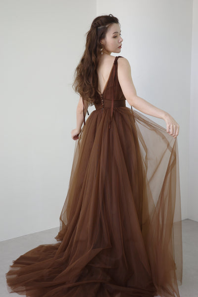 リボンショルダー Vネック ブラウン チュールドレス(W271)
