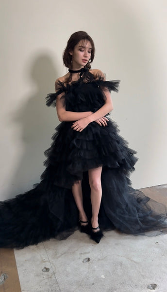 オフショルダー フリル ブラック ミニドレス(W362)